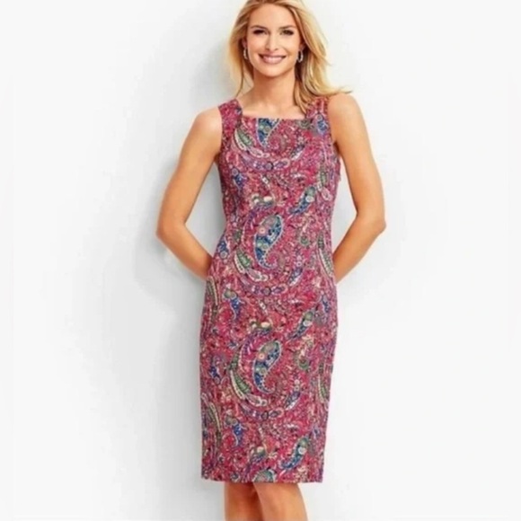 TALBOTS pink salmon Bonaire Paisley Sleeveless Sheath Dress sz 4P open back EUC - Picture 1 of 15
